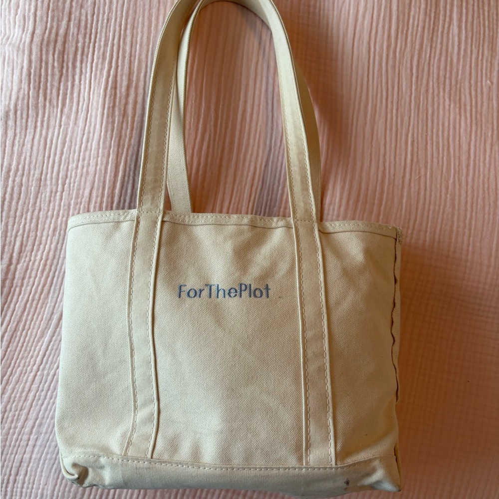 L.L. Bean Cream Canvas Tote with Blue Embroidery